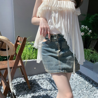 ByYou 夏季复古水洗牛仔半身裙女高腰显瘦设计感小众辣妹纯欲短裙