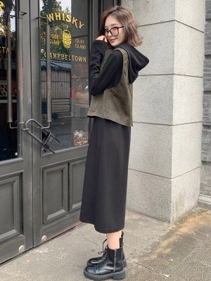 欧货连帽卫衣连衣裙套装女2025秋装新款时尚减龄学院风马甲两件套