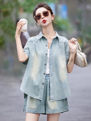 欧货干练气质短裤套装女夏2025新款流行炸街薄款水洗棉牛仔两件套