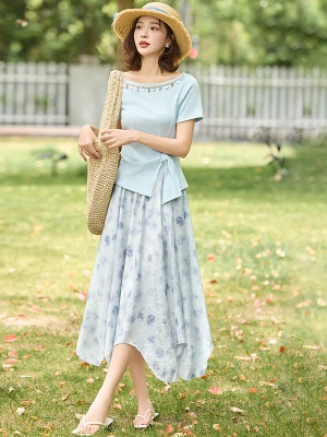 法式甜美风套装女2025夏季新款气质优雅亮片拼接碎花半身裙两件套