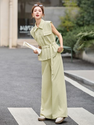 欧洲站又酷又飒系带收腰工装套装女2025夏款显瘦马甲阔腿裤两件套