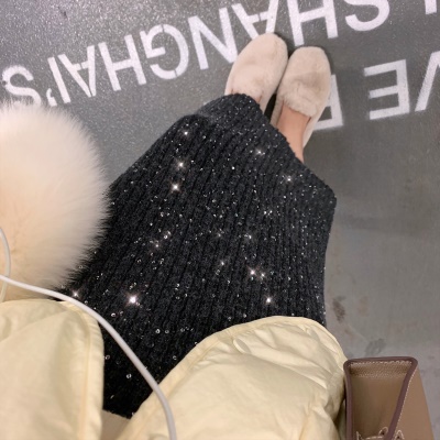 ByYou 冬季洋气黑色亮片羊毛针织半身裙女加厚新款收腰中长款裙子