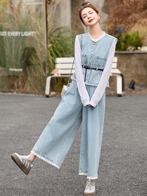 欧货时尚牛仔马甲套装女春装2025新款超火显瘦阔腿裤小个子三件套