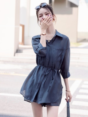 小个子套装遮肉夏季女2025新款炸街高级感显瘦衬衣薄纱短裤三件套