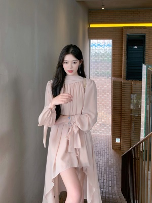 ByYou 初秋新款不规则长袖雪纺连衣裙收腰短裙子含打底短裤两件套