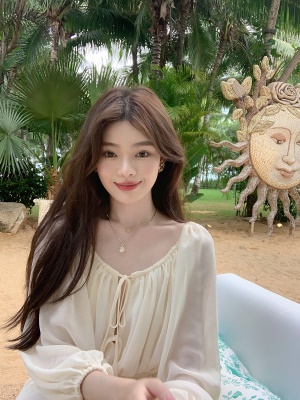 ByYou 夏季新款法式杏色灯笼袖一字肩雪纺连衣裙收腰褶皱仙女短裙