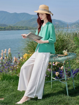 时尚松弛感V领衬衫套装女2025夏新款气质显瘦年轻妈妈休闲两件套