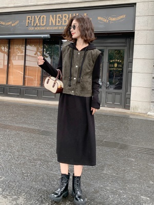 欧货连帽卫衣连衣裙套装女2025秋装新款时尚减龄学院风马甲两件套