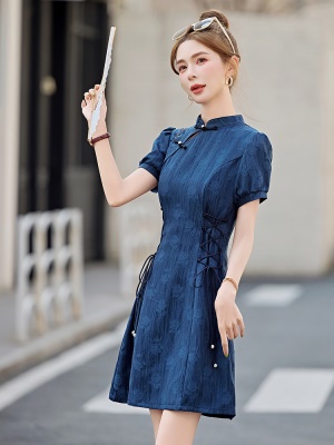 新中式提花收腰连衣裙女2025夏季新款国风气质修身改良旗袍A字裙