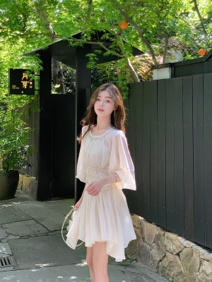 ByYou 夏季新款法式灯笼袖白色雪纺连衣裙收腰显瘦气质脚踝长裙子