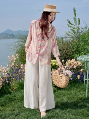 新中式盘扣天丝套装女夏2025新款气质巨好看优雅亚麻阔腿裤三件套