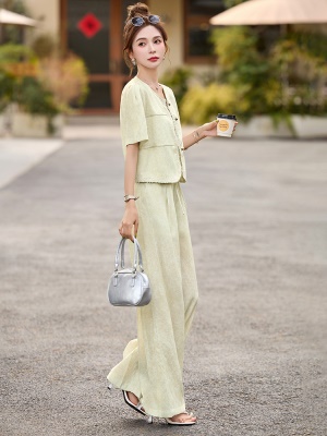 超火小香风短袖套装女夏2025新款时尚扎染松弛感高腰阔腿裤两件套