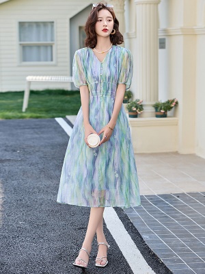 莱赛尔天丝印花连衣裙女2025夏装新款今年流行爆款漂亮掐腰长裙子