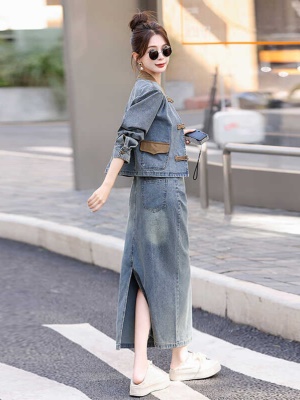 国风盘扣牛仔套装裙女2025春秋新款气质名媛复古旗袍半身裙两件套