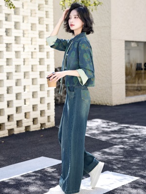 新中式牛仔阔腿裤套装女2025秋装新款时尚休闲立领欧货盘扣两件套