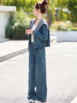 开春穿搭大翻领牛仔套装女2025春秋新款超火气质时尚显瘦两件套裤