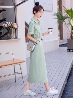 工装衬衣连衣裙女夏装新款气质翻领休闲水洗棉透气薄荷绿爆款长裙