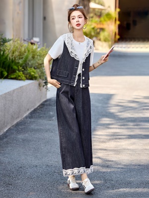 设计感蕾丝连帽马甲套装女2025夏季新款欧货时尚阔腿裤薄款三件套