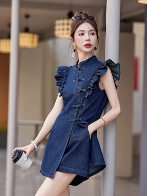 新中式国风牛仔套装女2025夏季新款时尚复古盘扣小飞袖短裤两件套