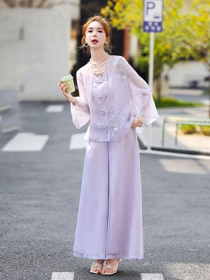 新中式刺绣紫色套装女2025夏季新款高级感优雅仙气阔腿裙裤三件套
