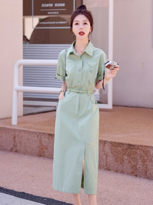工装衬衣连衣裙女夏装新款气质翻领休闲水洗棉透气薄荷绿爆款长裙