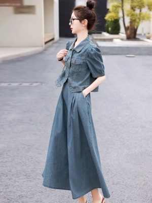 欧货天丝牛仔套装女2025夏季新款复古气质漂亮国风半身长裙两件套