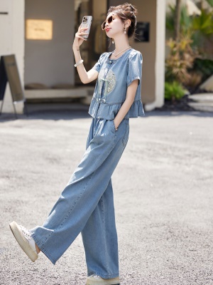 中国风方领牛仔套装女2025夏季新款休闲薄款减龄优雅女神范两件套