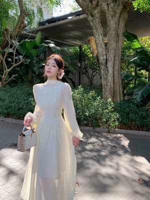 ByYou 夏季气质高级感茶歇法式泡泡袖奶白色连衣裙长款收腰仙女裙