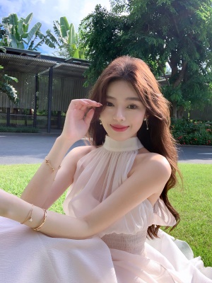 ByYou 夏季仙气欧根纱粉色无袖挂脖连衣裙收腰显瘦法式过膝长裙子