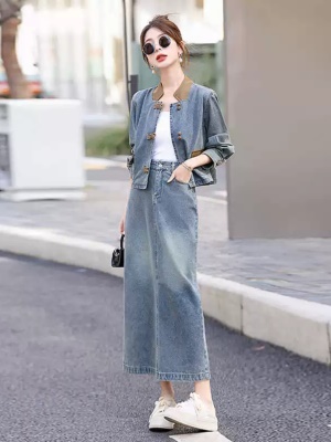 国风盘扣牛仔套装裙女2025春秋新款气质名媛复古旗袍半身裙两件套