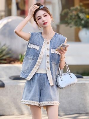 欧货小香风牛仔马甲套装女2025年夏季新款蕾丝拼色短裤爆款两件套