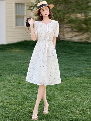 法式波点天丝连衣裙女2025夏季新气质收腰款流行爆款巨好看中长裙