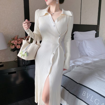 ByYou 春季白色气质V领兔绒针织连衣裙女收腰显瘦中长款开叉裙子