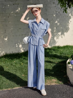 蓝色坎肩无袖上衣套装女2025夏季新款气质干练穿搭亚麻休闲两件套