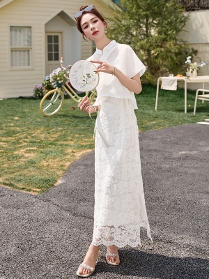 新中式雪纺罩衫吊带裙套装女2025夏新款国风巨好看蕾丝长裙两件套