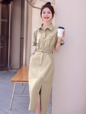 工装衬衣连衣裙女夏装新款气质翻领休闲水洗棉透气薄荷绿爆款长裙