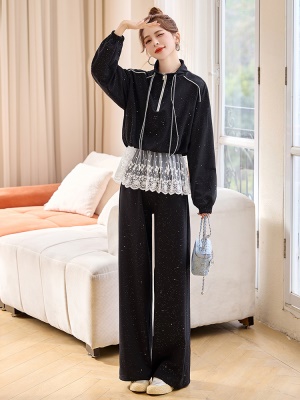 立领拉链休闲运动套装女2025春装新款欧货蕾丝拼接卫衣时尚两件套