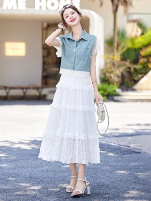 高端蕾丝薄牛仔上衣套装女2025夏装新款优雅女神范时尚裙子两件套