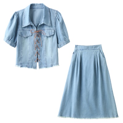 欧货漂亮牛仔两件套裙装女夏新款休闲炸街成套搭配减龄小香风套装