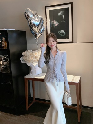 ByYou 春季新款白色高腰针织半身裙女百搭显瘦中长款包臀鱼尾裙子