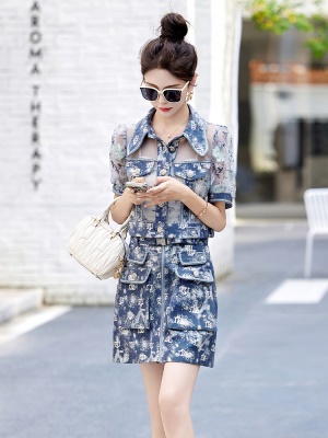 网纱花牛仔套装女2025夏季新款小个子欧货漂亮爆款高端腰裙两件套