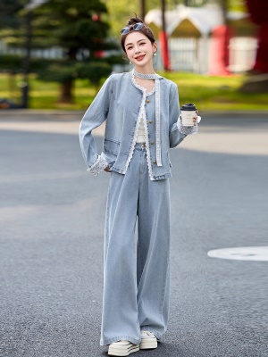 蕾丝花边时尚牛仔套装女2025春季新款高档大牌洋气减龄休闲两件套