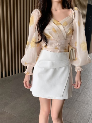 ByYou夏季新款白色高腰西装半身裙女显瘦设计感小众A字裙百搭短裙