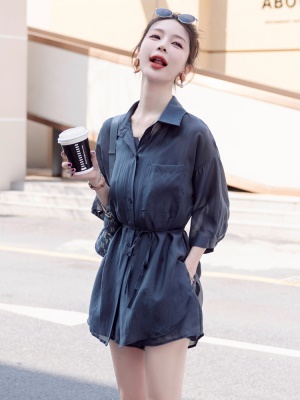 小个子套装遮肉夏季女2025新款炸街高级感显瘦衬衣薄纱短裤三件套