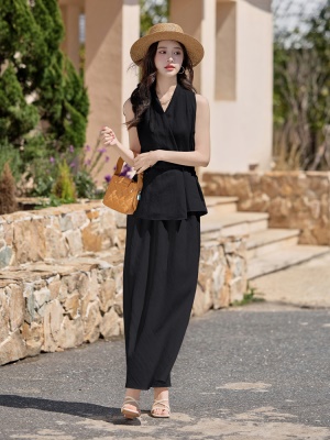 法式气质无袖套装女2025夏季新款欧若风收腰显瘦棉麻长裙两件套