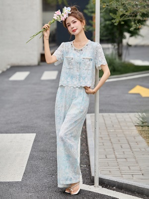 巨好看的夏装蕾丝套装女2025新款小香风洋气大方得体阔腿裤两件套