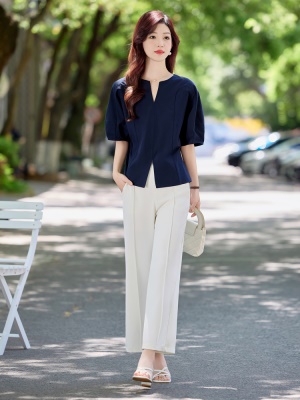 职业无领灯笼袖衬衫套装女2025夏季新款气质显瘦极简老钱风两件套