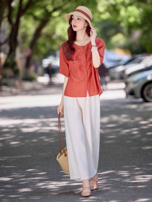 高端天丝亚麻套装女2025夏季新款显瘦遮肚子减龄年轻款妈妈两件套