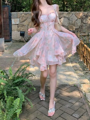 ByYou 夏季粉色木耳边印花雪纺吊带连衣裙气质收腰显瘦短裙仙女裙