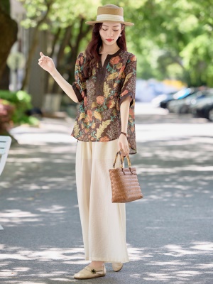 新中式国风套装女2025夏季新款高端时尚洋气印花天丝阔腿裤两件套